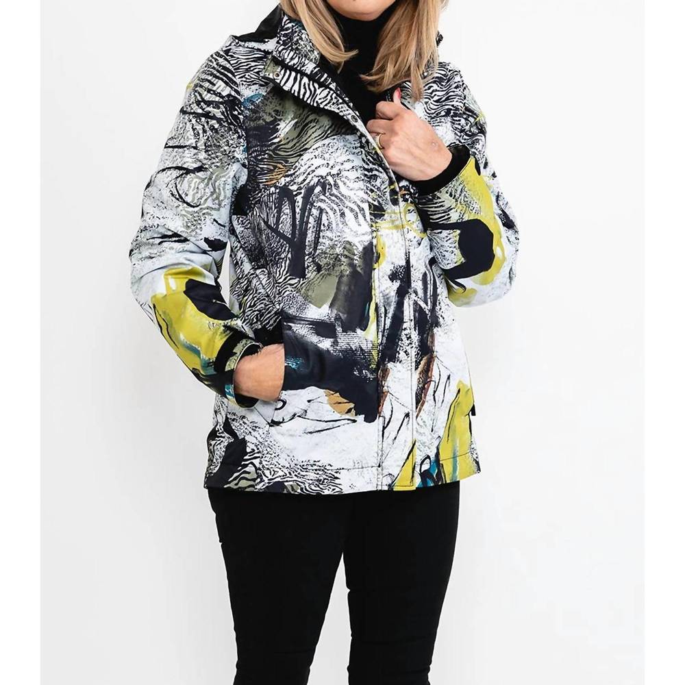 NEW DOLCEZZA safari escape soft shell laminated abstract art coat in black multi